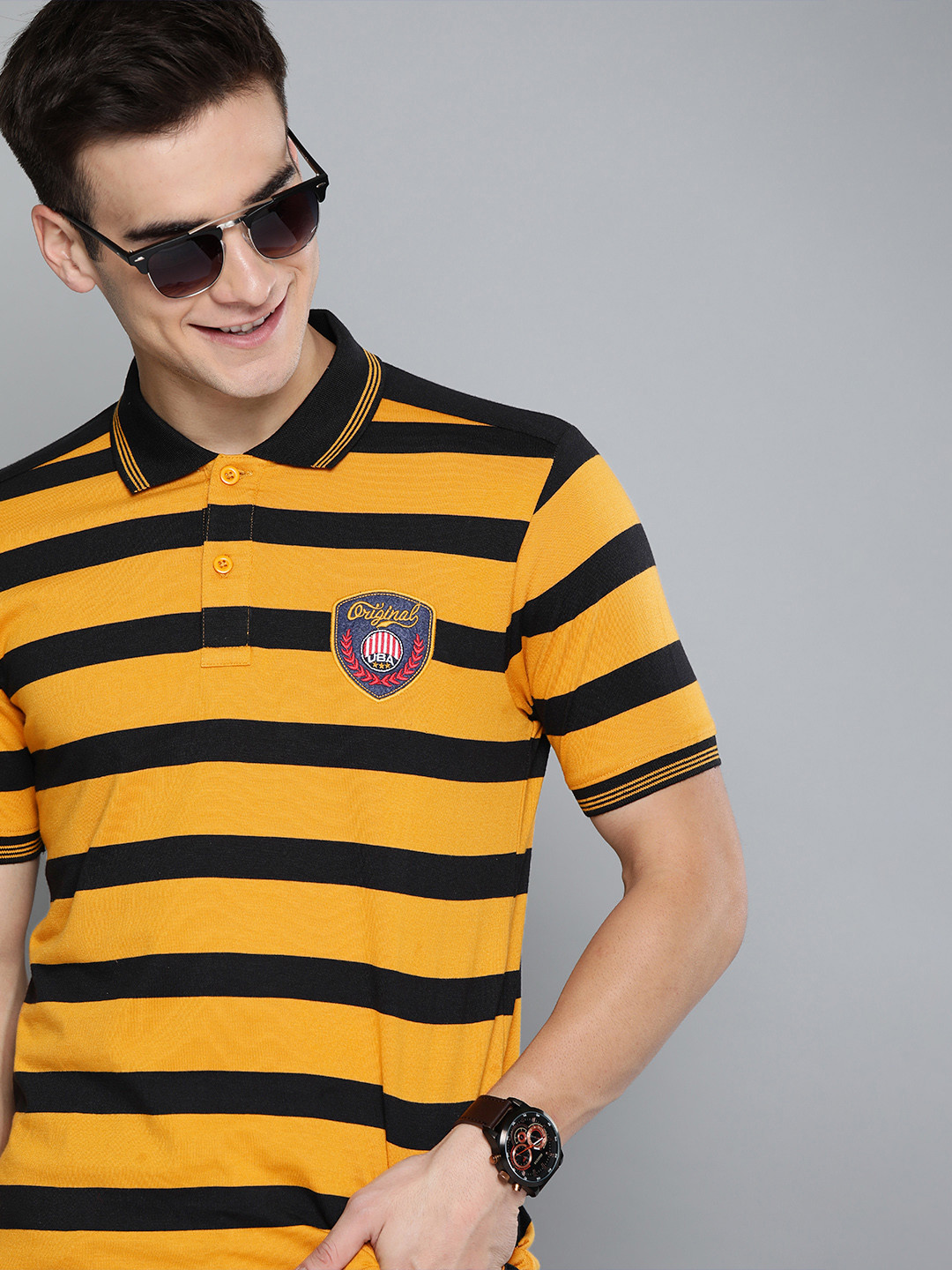 Buy HERE&NOW Men Mustard Yellow & Black Striped Polo Collar T Shirt