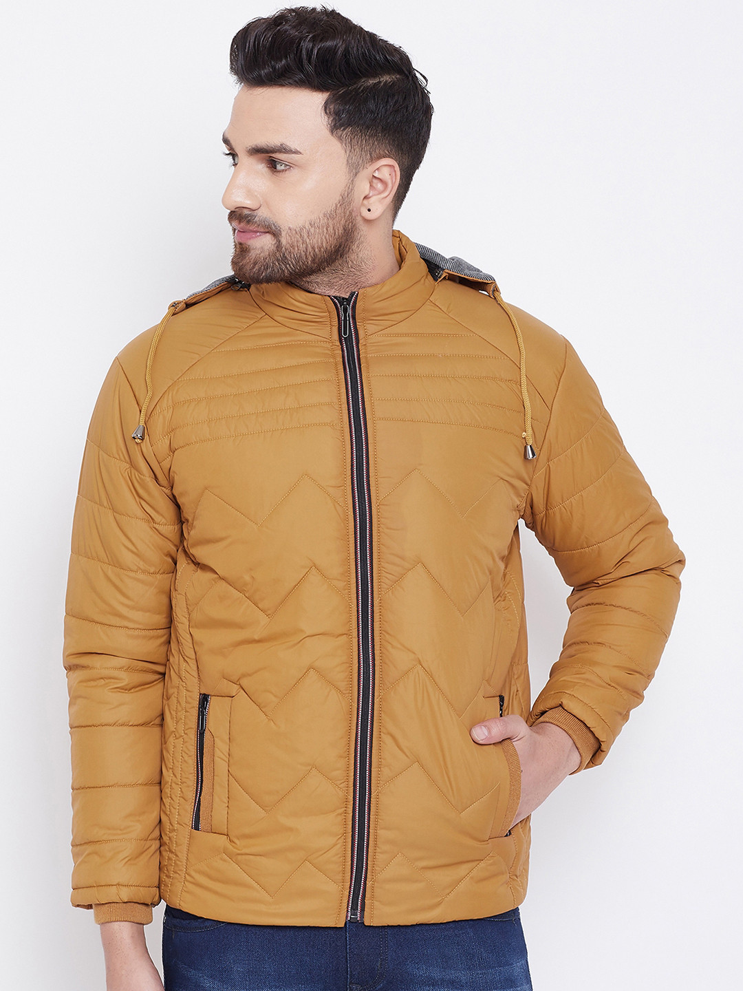 Buy Adobe Men Mustard Yellow Solid Windcheater Puffer Jacket Jackets