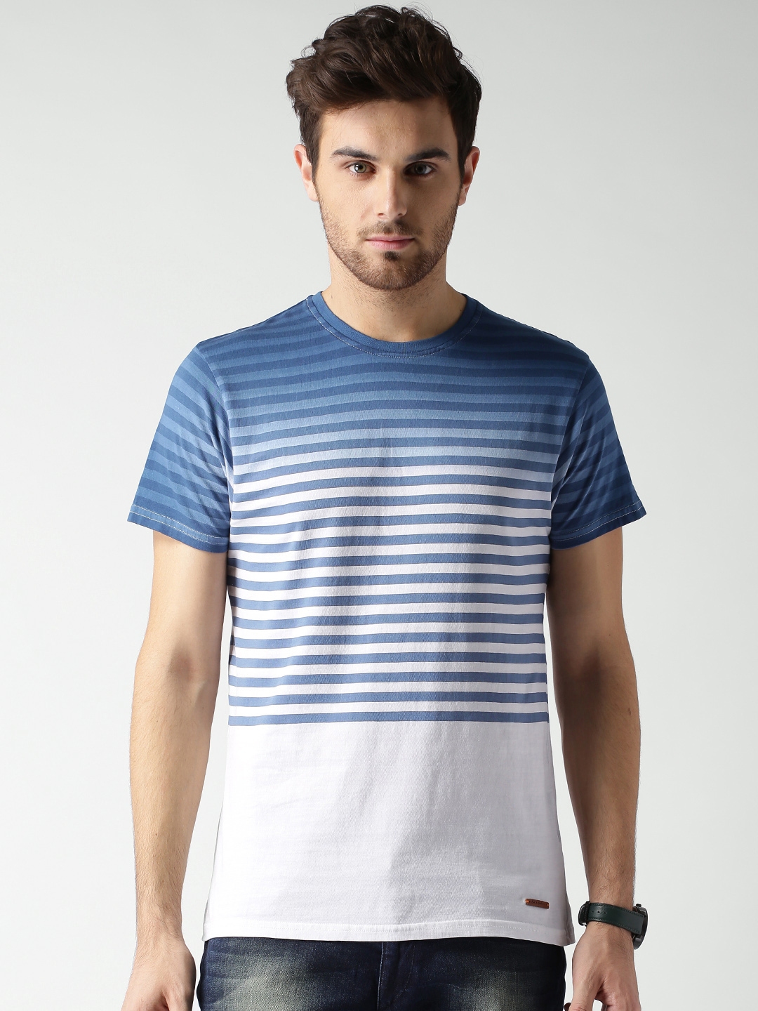 Buy Mast Harbour Blue White Ombre Dyed Striped Pure Cotton T Shirt ...