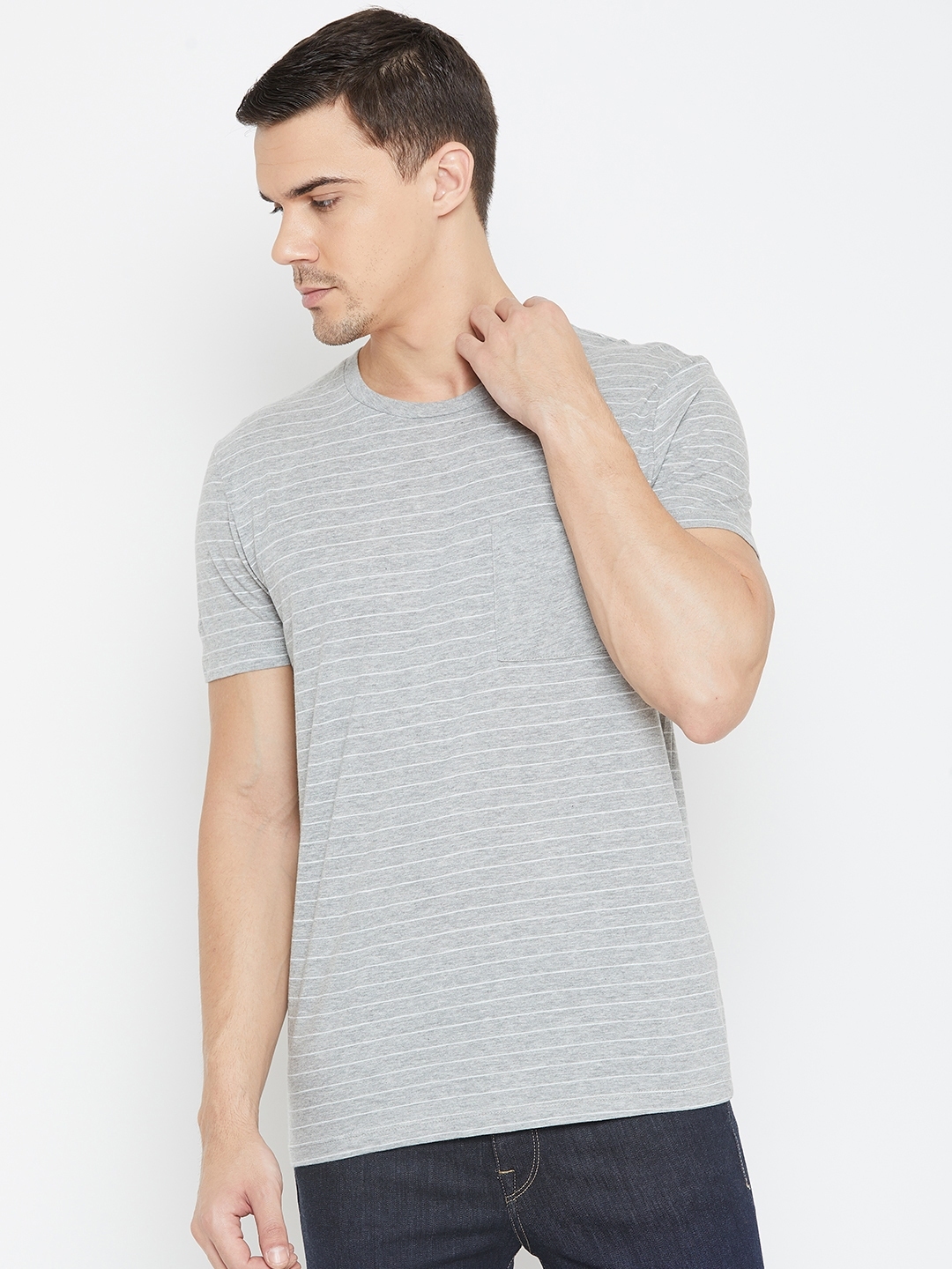 Buy SELECTED Men Grey Melange Striped Round Neck T Shirt - Tshirts for ...