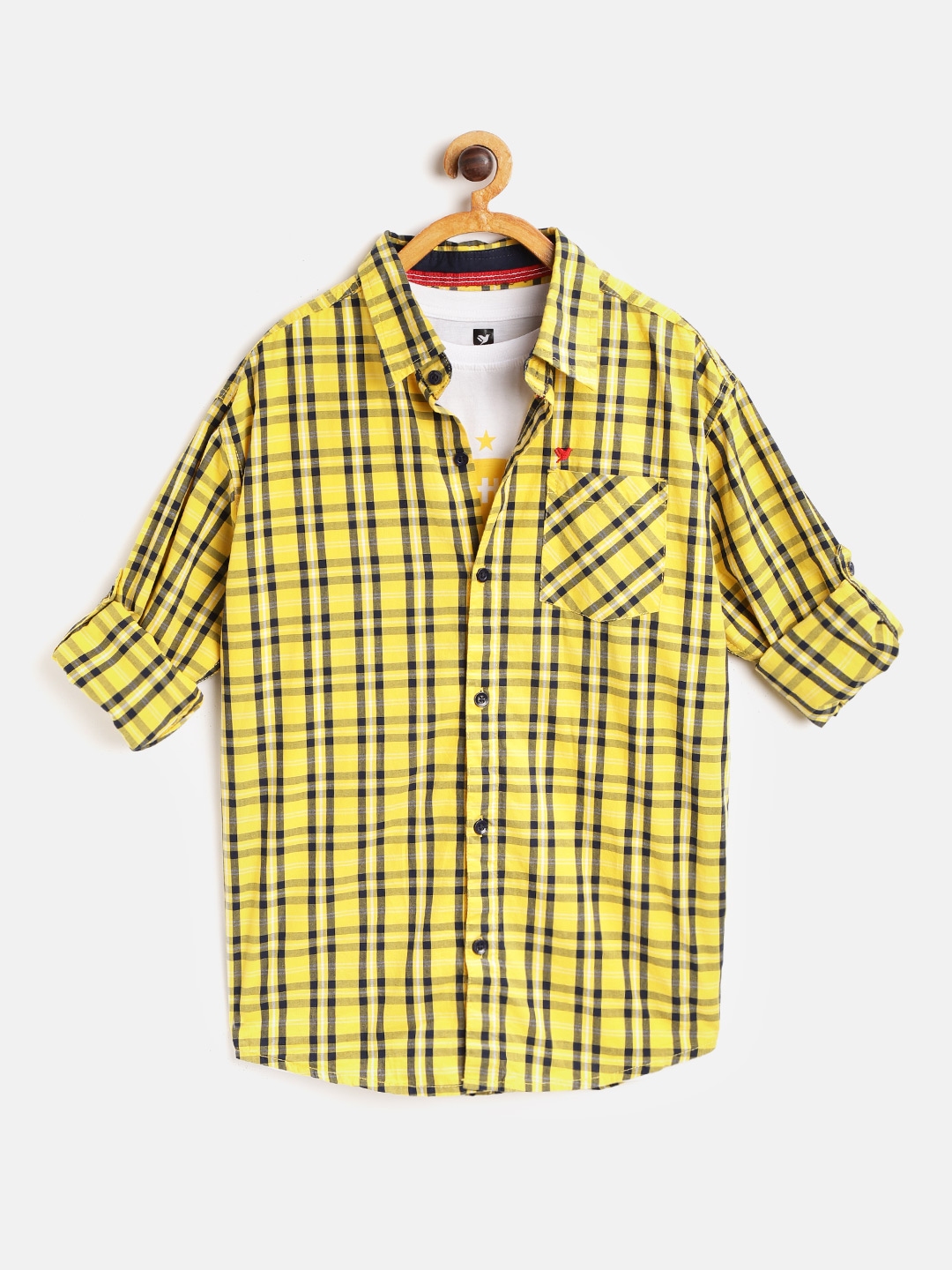 Buy 612 League Boys Yellow & Navy Blue Checked Shirt With T Shirt ...