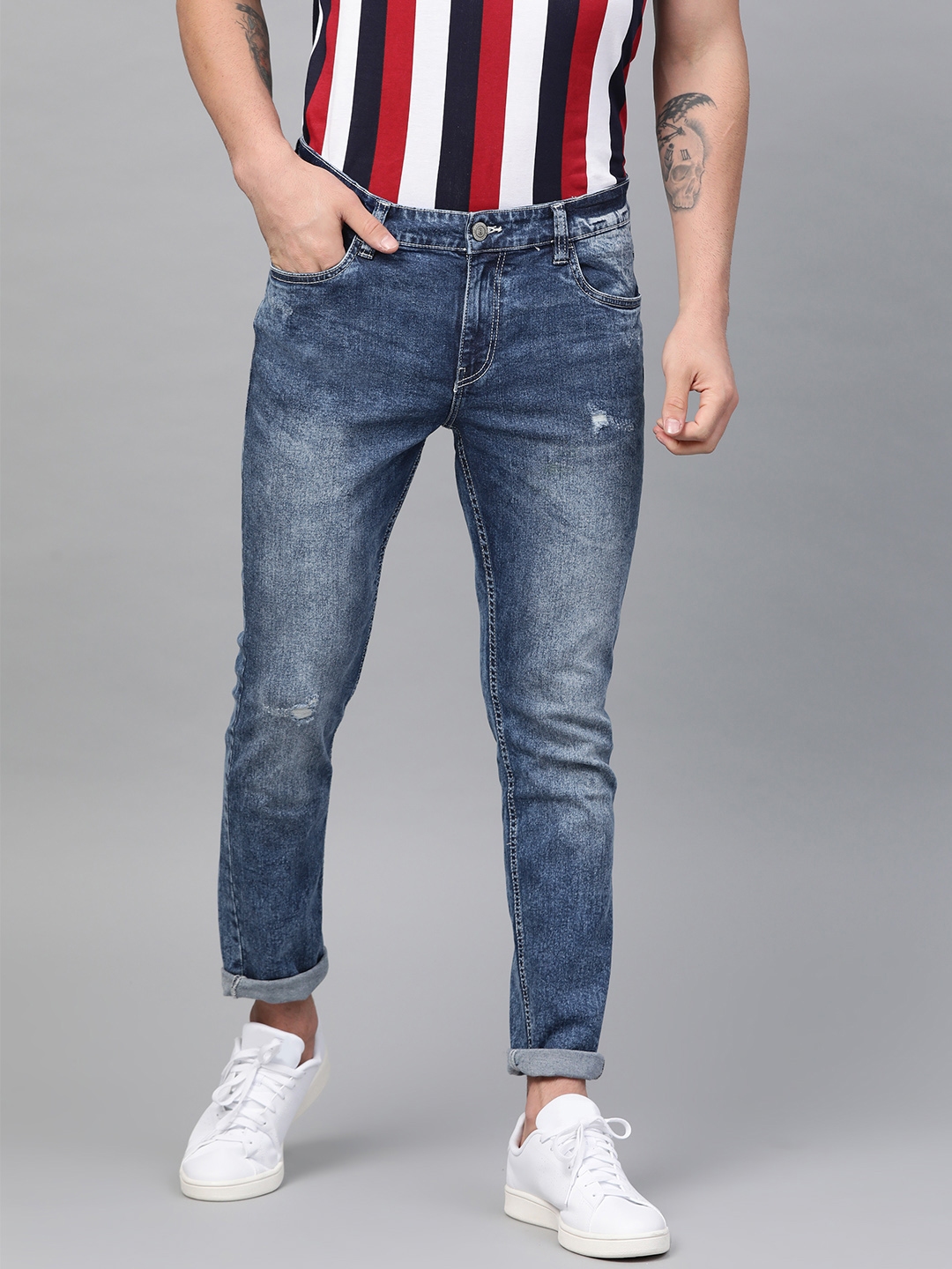 navy blue distressed jeans