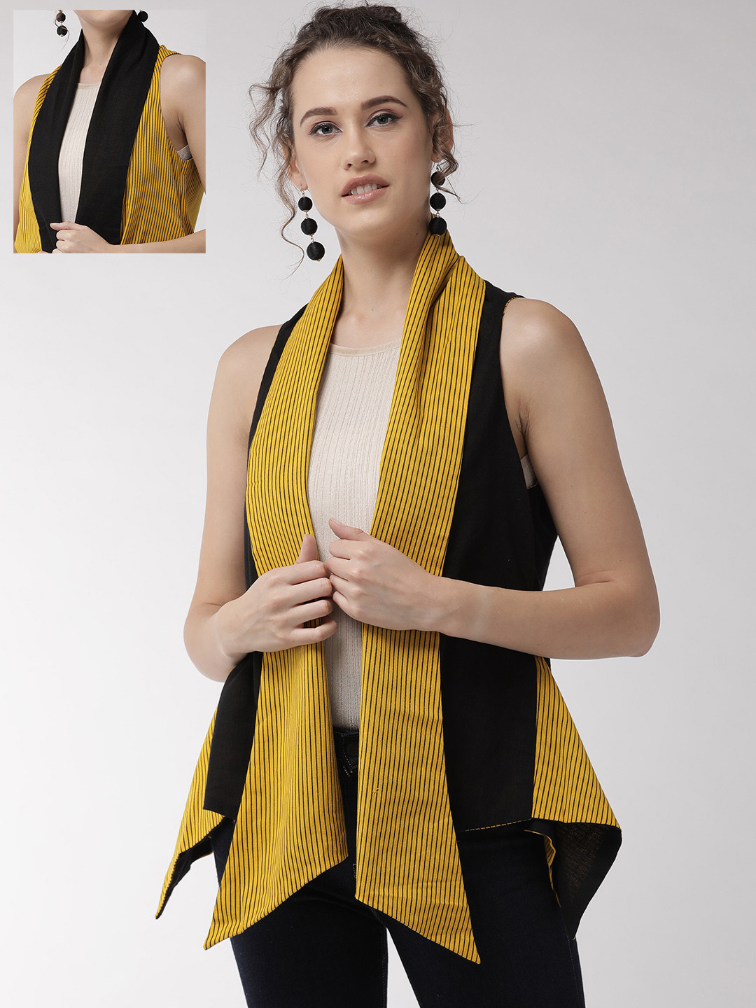 Buy InWeave Women Yellow & Black Reversible Striped Open Front Shrug