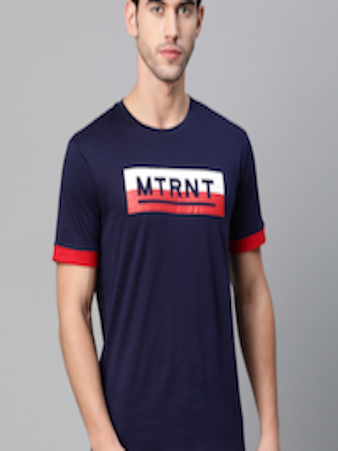 Buy Metronaut Men Navy Blue & Red Brand Logo Print Round Neck T Shirt ...