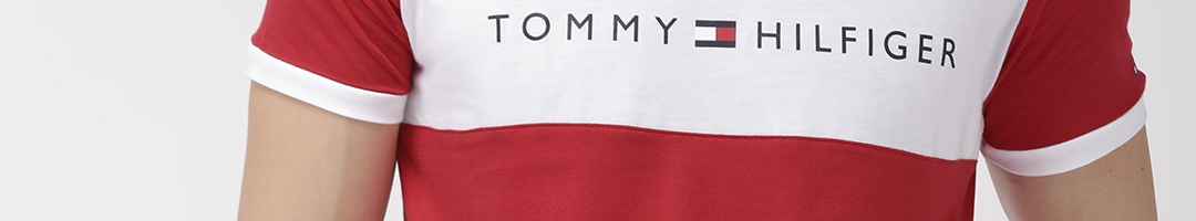 Buy Tommy Hilfiger Men Red White Colourblocked Round Neck Pure Cotton T ...