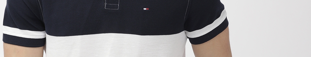 Buy Tommy Hilfiger Men White & Navy Blue Striped Polo Collar T Shirt ...