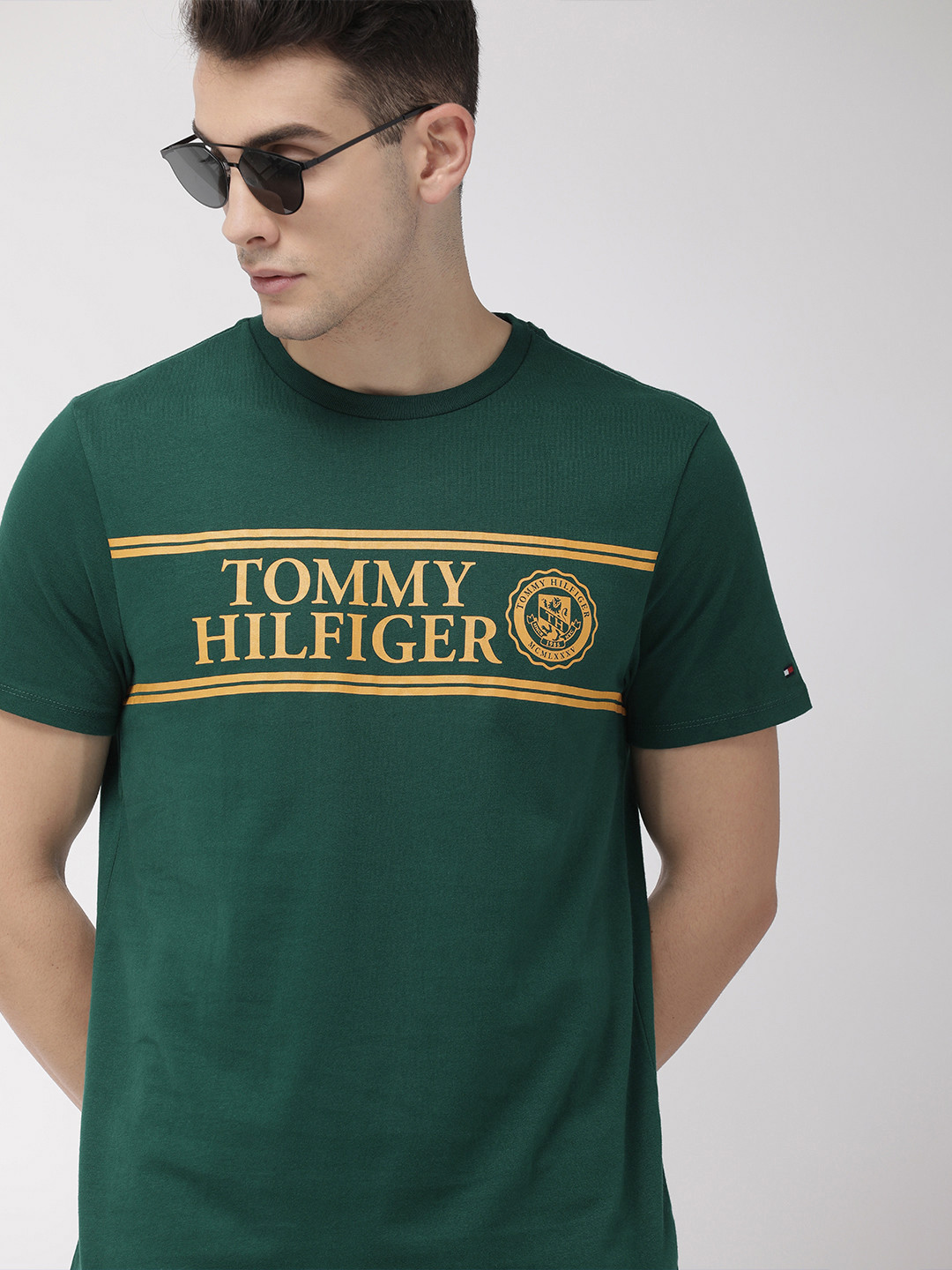 Buy Tommy Hilfiger Men Green Printed Round Neck Pure Cotton T Shirt