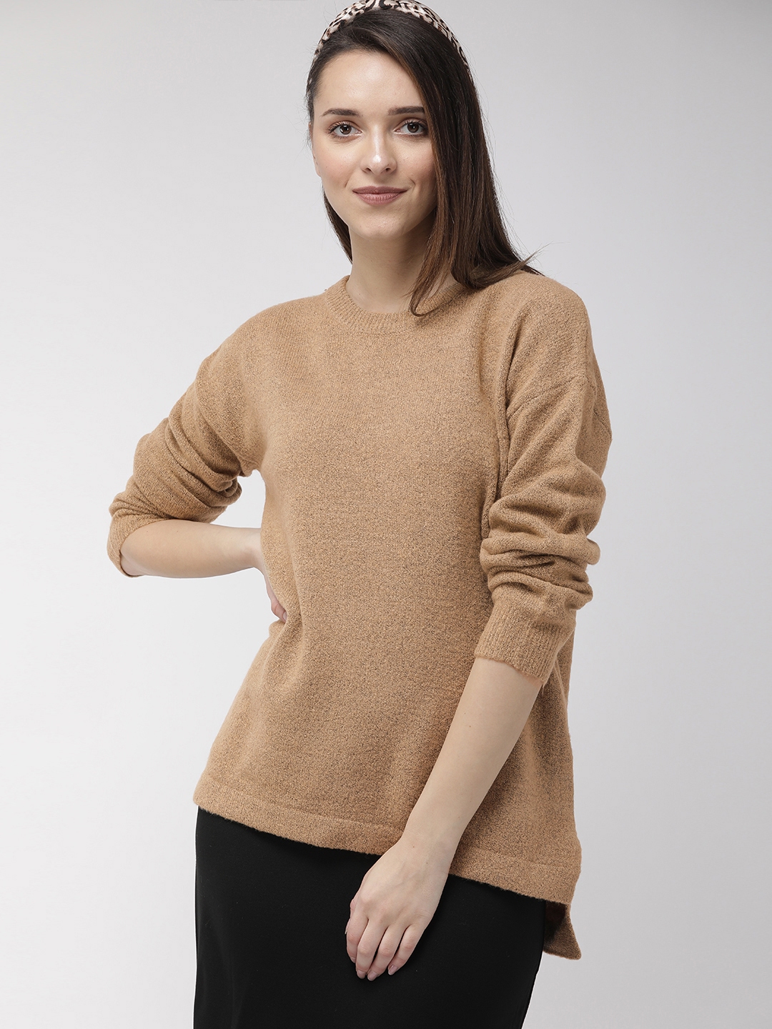 Buy FOREVER 21 Women Taupe Self Design Pullover Sweater - Sweaters for ...