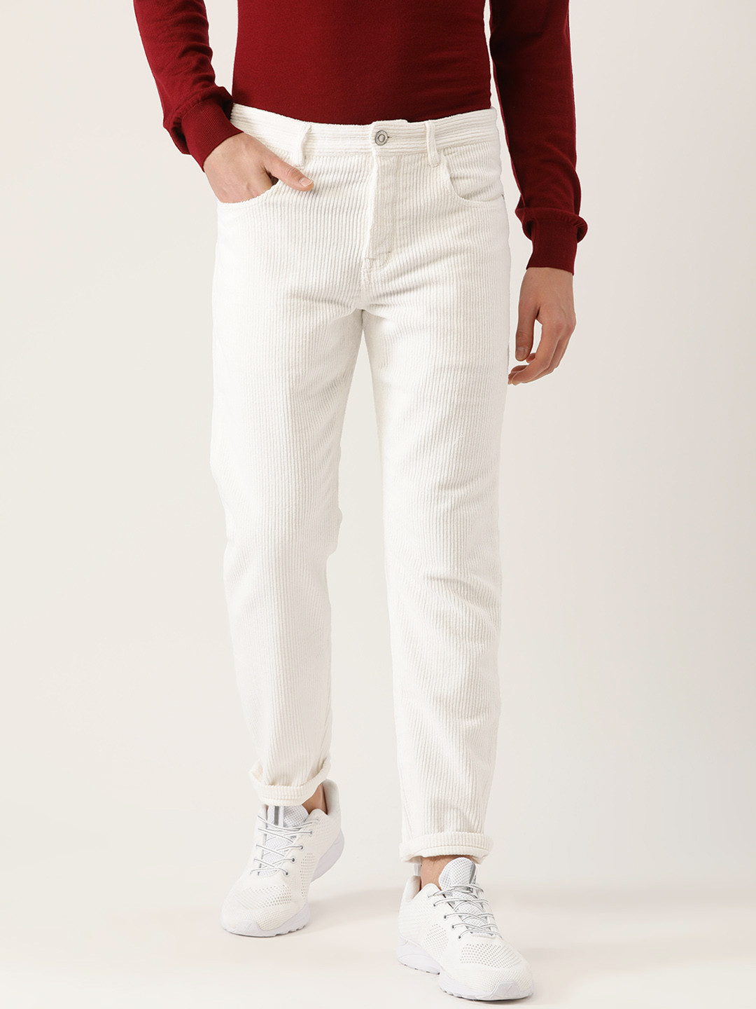 Buy MANGO MAN Men White Tapered Fit Corduroy Solid Cropped Regular
