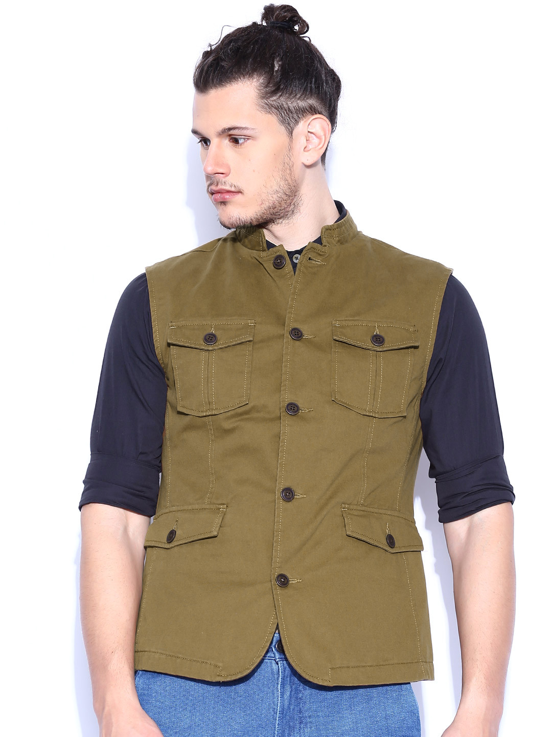 Buy Indian Terrain Khaki Sleeveless Jacket Jackets for Men 1099297 Myntra