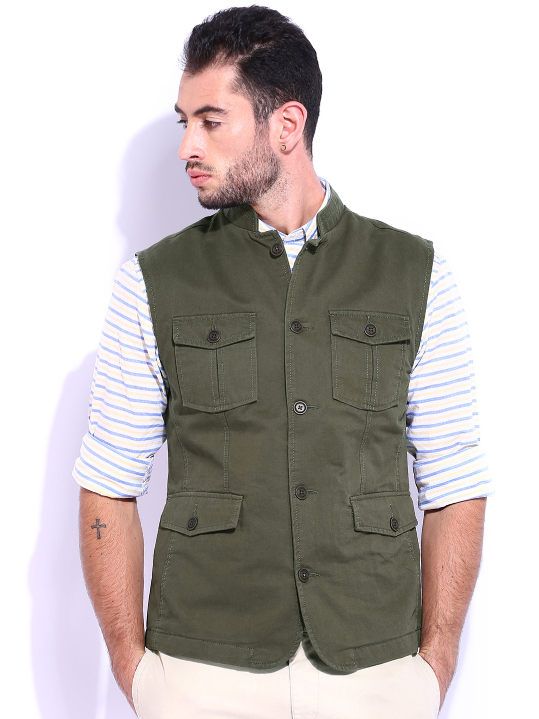 Buy Indian Terrain Olive Green Sleeveless Nehru Jacket Jackets for