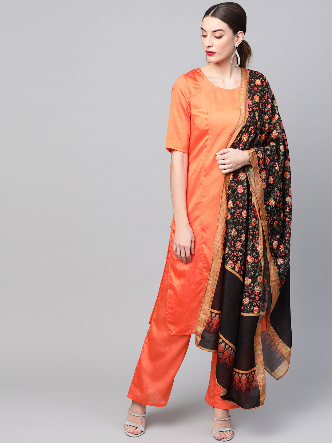 Buy AKS Women Orange Solid Straight Kurta With Palazzos & Dupatta - Kurta Sets for Women 