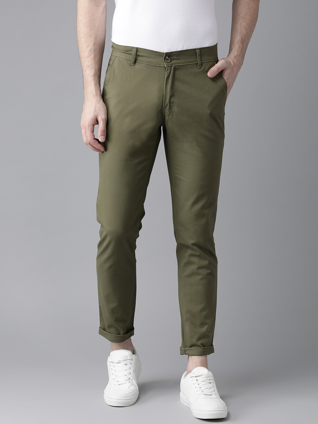 Buy Hubberholme Men Olive Green Slim Fit Solid Chinos - Trousers for ...