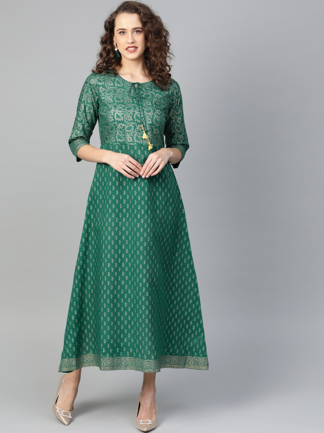 Buy Shree Women Green & Golden Printed Maxi Dress - Dresses for Women ...