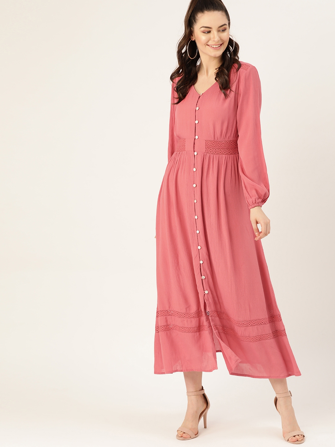 Buy Dressberry Women Pink Solid Maxi Dress With Lace Inserts Dresses For Women 11005650 Myntra 