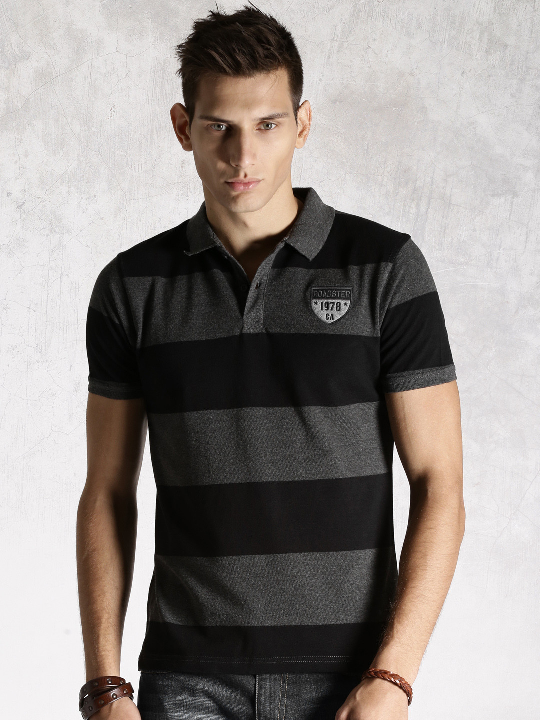 Buy Roadster Black & Charcoal Grey Striped Polo T Shirt Tshirts for