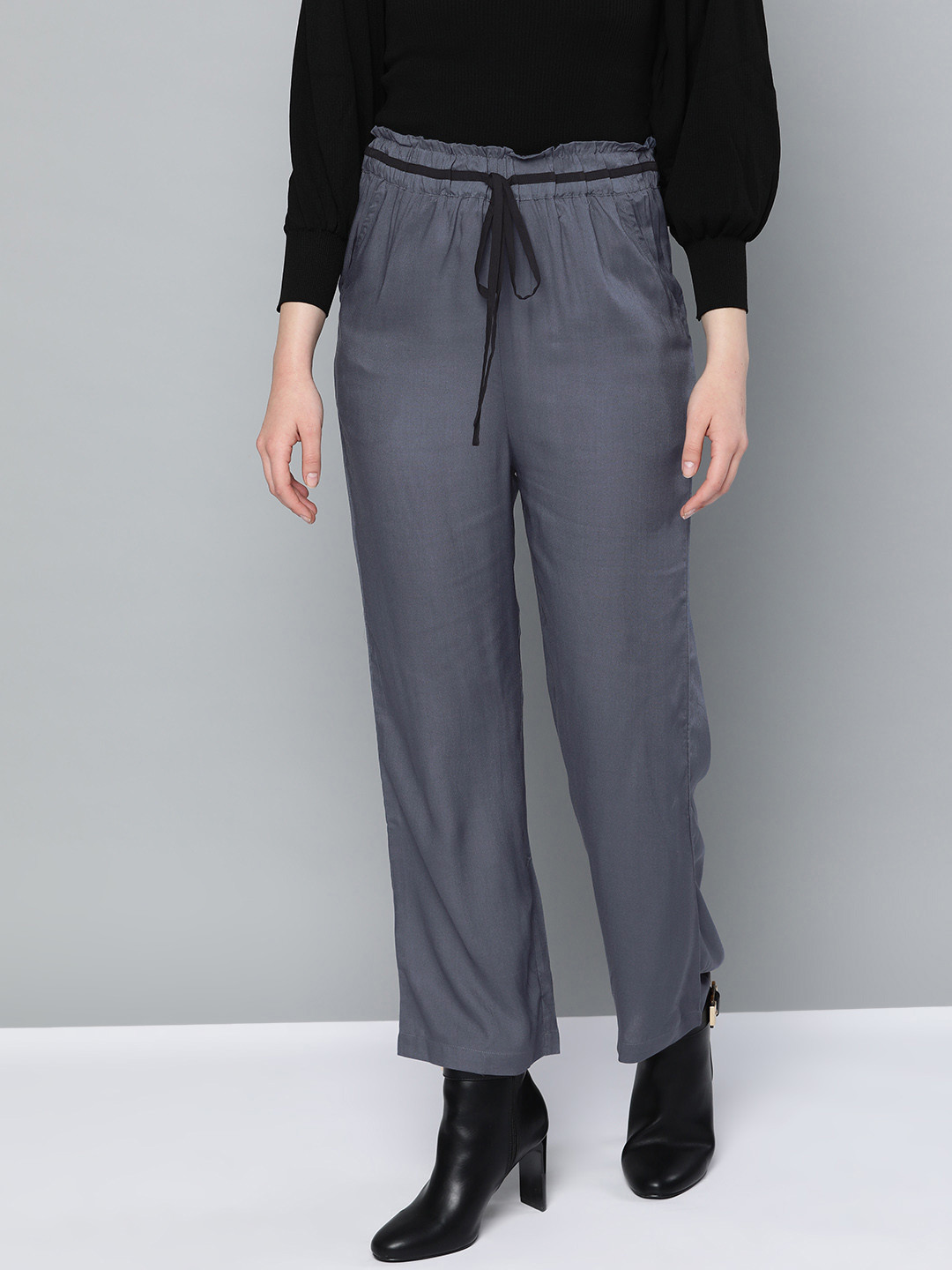 Buy Trend Arrest Women Charcoal Grey Relaxed Straight Leg Loose Fit