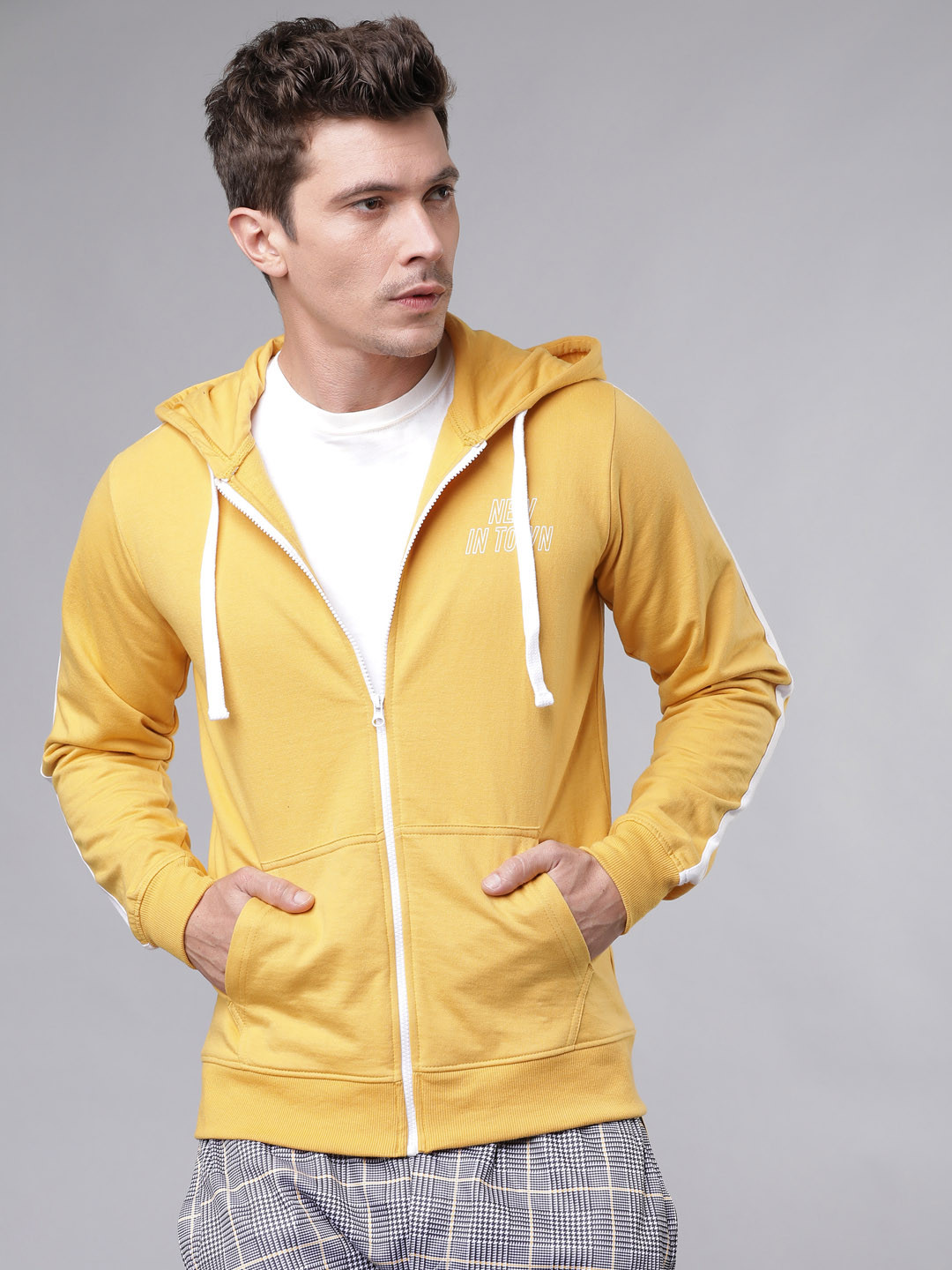 Buy Men Mustard Yellow & White Solid Hooded Sweatshirt
