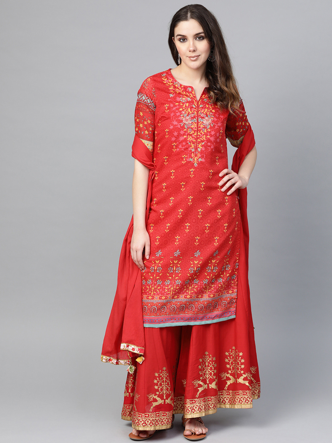 Buy Biba Women Red Printed Kurta With Palazzos & Dupatta Kurta Sets