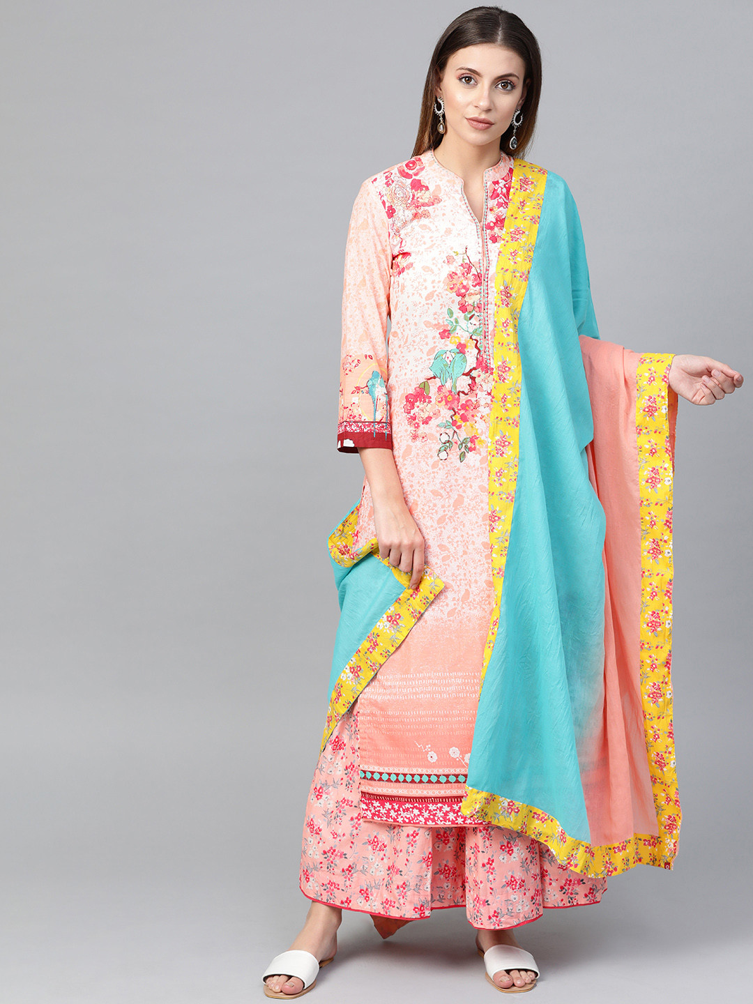 Buy Biba Women Peach Coloured Printed Kurta With Skirt & Dupatta