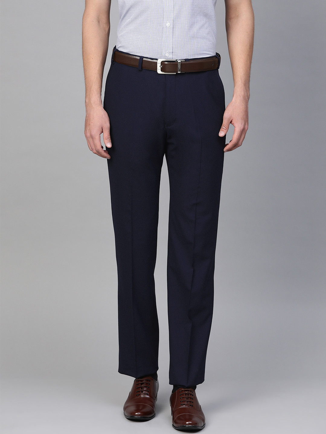 Buy Marks & Spencer Men Navy Blue Regular Fit Solid Formal Trousers ...