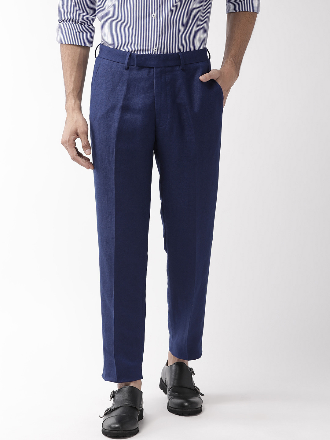 Buy Marks & Spencer Men Navy Blue Slim Fit Solid Regular Trousers ...