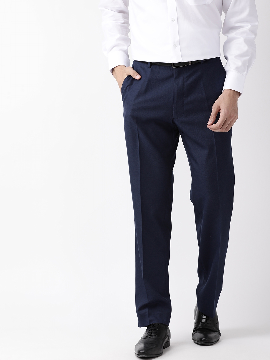 Buy Marks & Spencer Men Navy Blue Tailored Fit Solid Formal Trousers ...