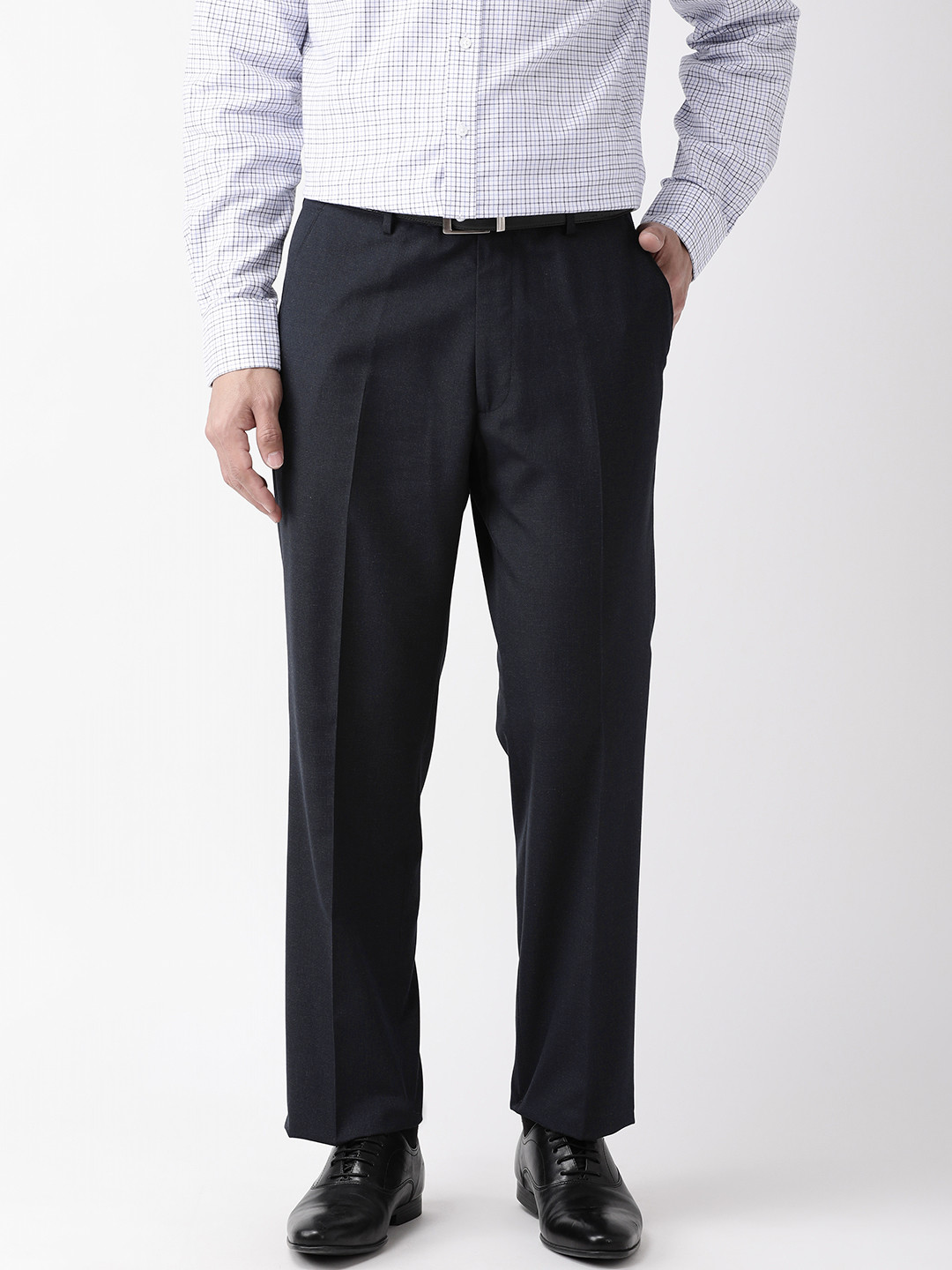 Buy Marks & Spencer Men Navy Blue Regular Fit Solid Formal Trousers ...