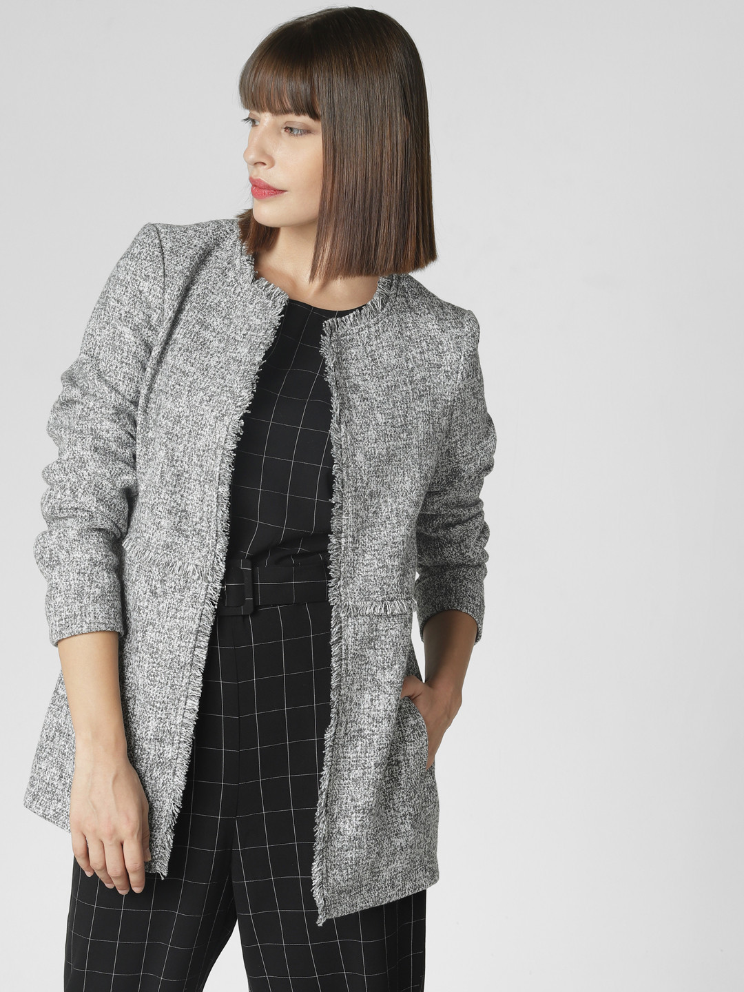Buy Vero Moda Women Grey Self Design Longline Tailored Jacket Jackets
