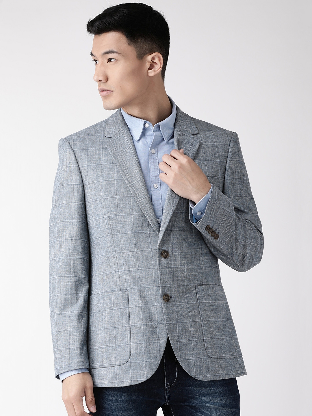 Buy Marks & Spencer Men Blue & Grey Checked Regular Fit Single Breasted