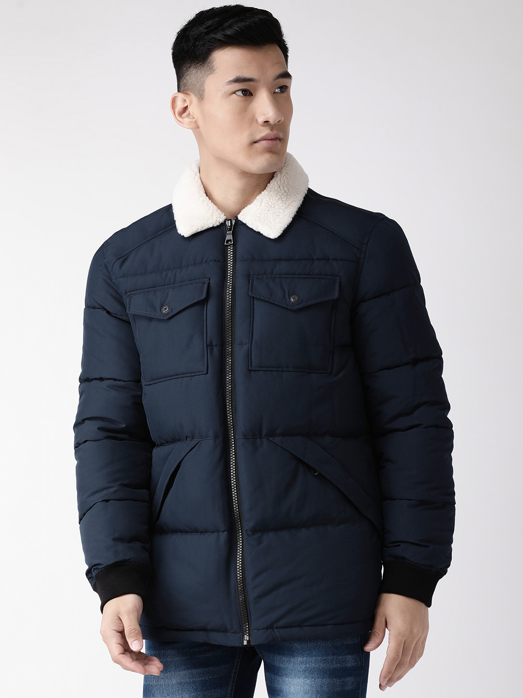 Buy Marks & Spencer Men Navy Blue Solid Padded Jacket Jackets for Men