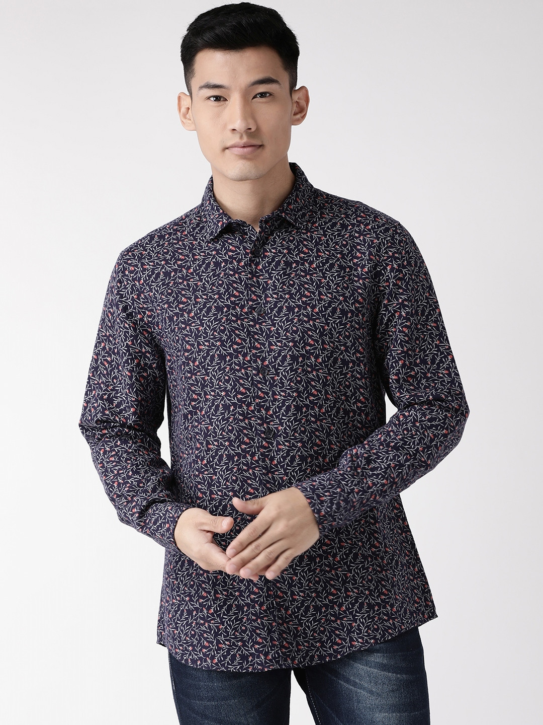 Buy Marks & Spencer Men Navy Blue & Grey Slim Fit Printed Casual Shirt ...