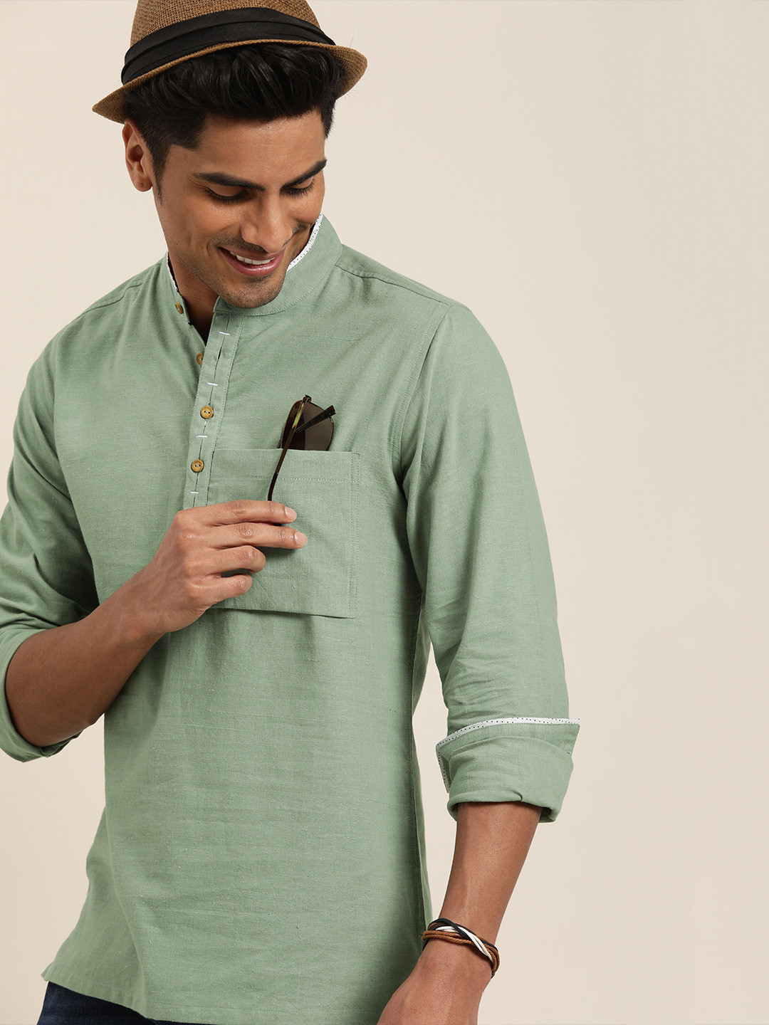 Buy Taavi Men Green Handloom Woven Legacy Sustainable Kurta With Half