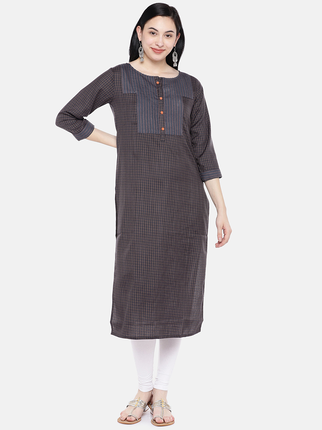 Buy Silai Bunai Women Navy Blue & Orange Checked Straight Kurta