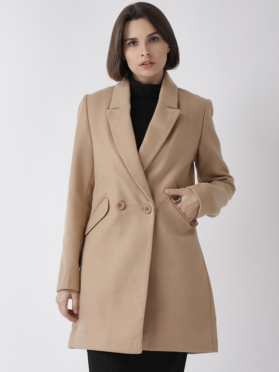 Buy Madame Women Beige Solid Double Breasted Trench Coat - Coats for ...