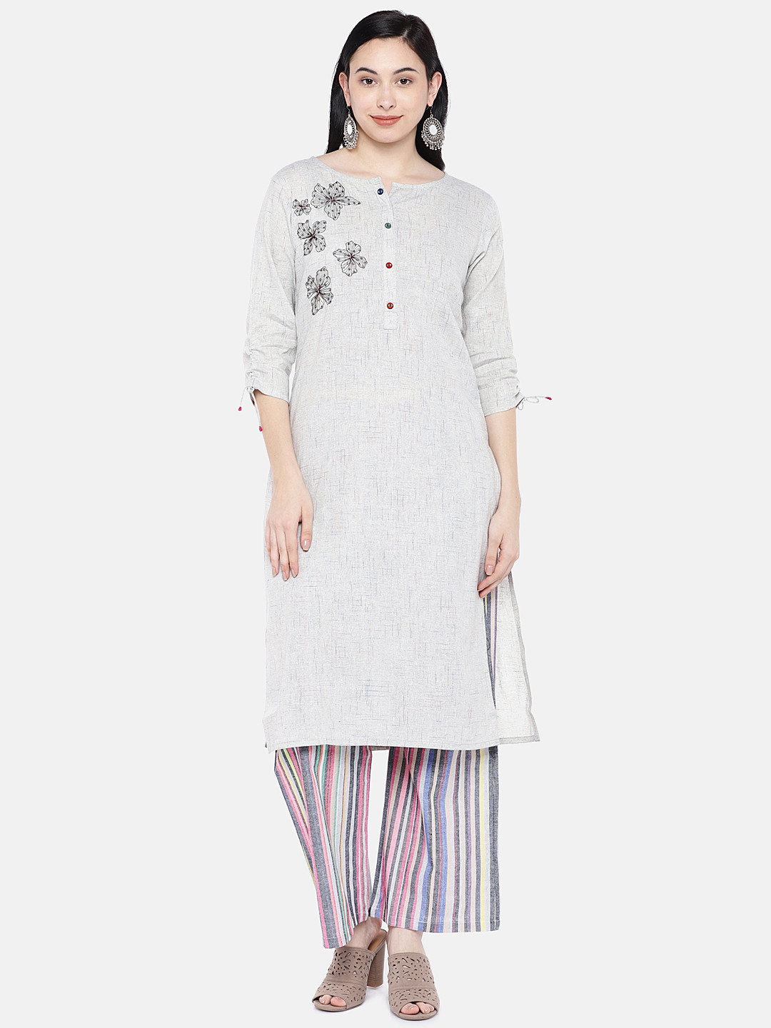 Buy Silai Bunai Women Grey & Pink Embroidered Kurta With Palazzos