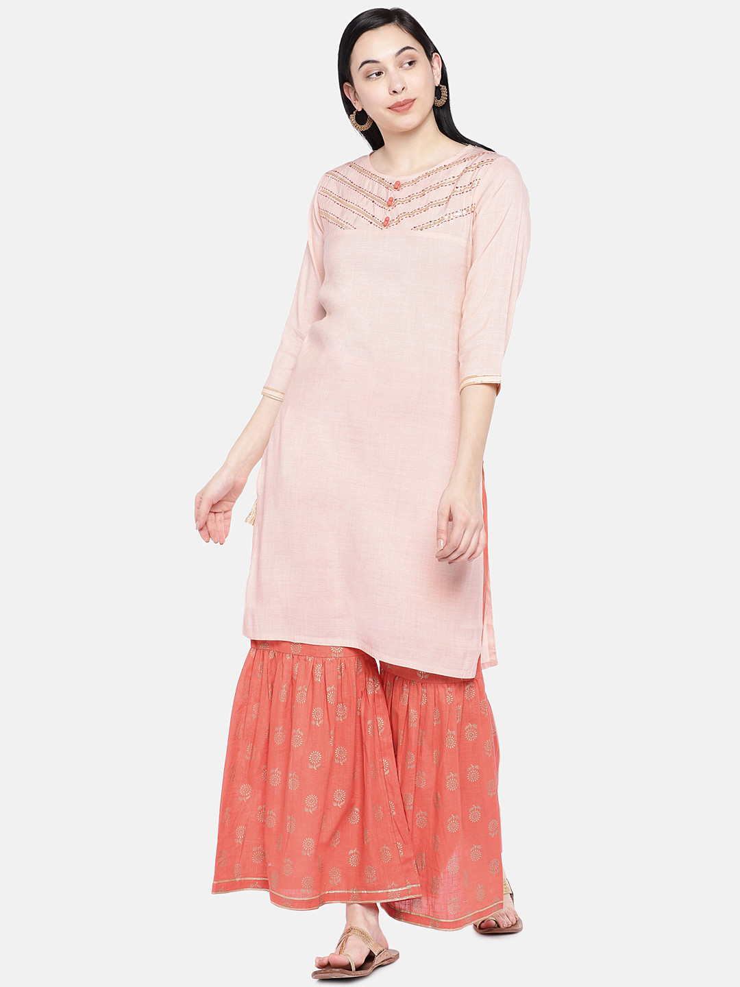 Buy Silai Bunai Women Peach Coloured & Orange Solid Kurta With Sharara