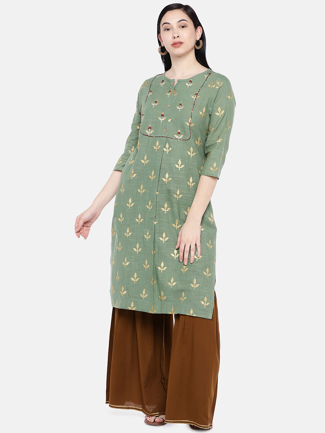 Buy Silai Bunai Women Green & Brown Printed Kurta With Palazzos Kurta
