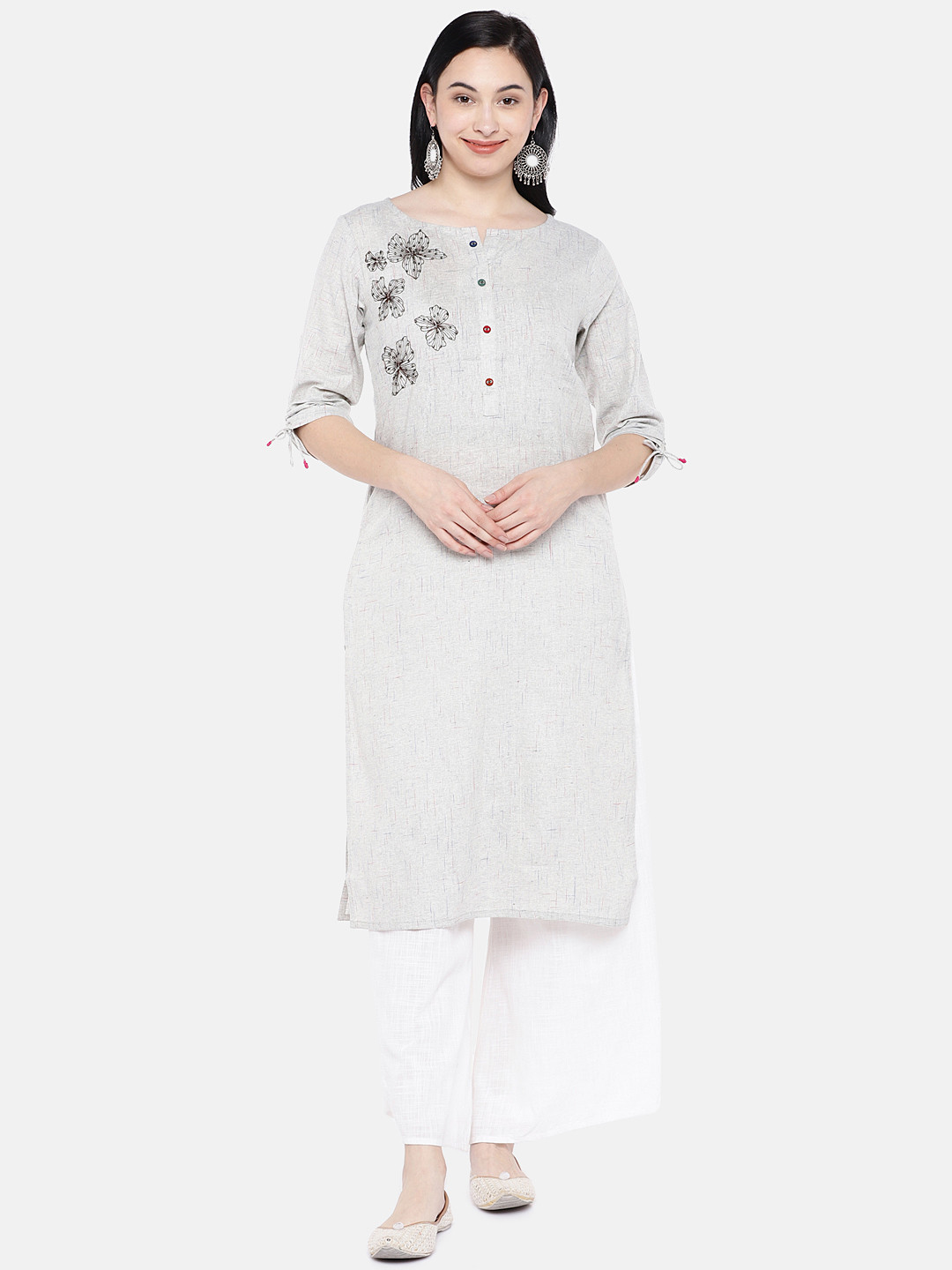 Buy Silai Bunai Women Grey & Black Embroidered Straight Kurta Kurtas