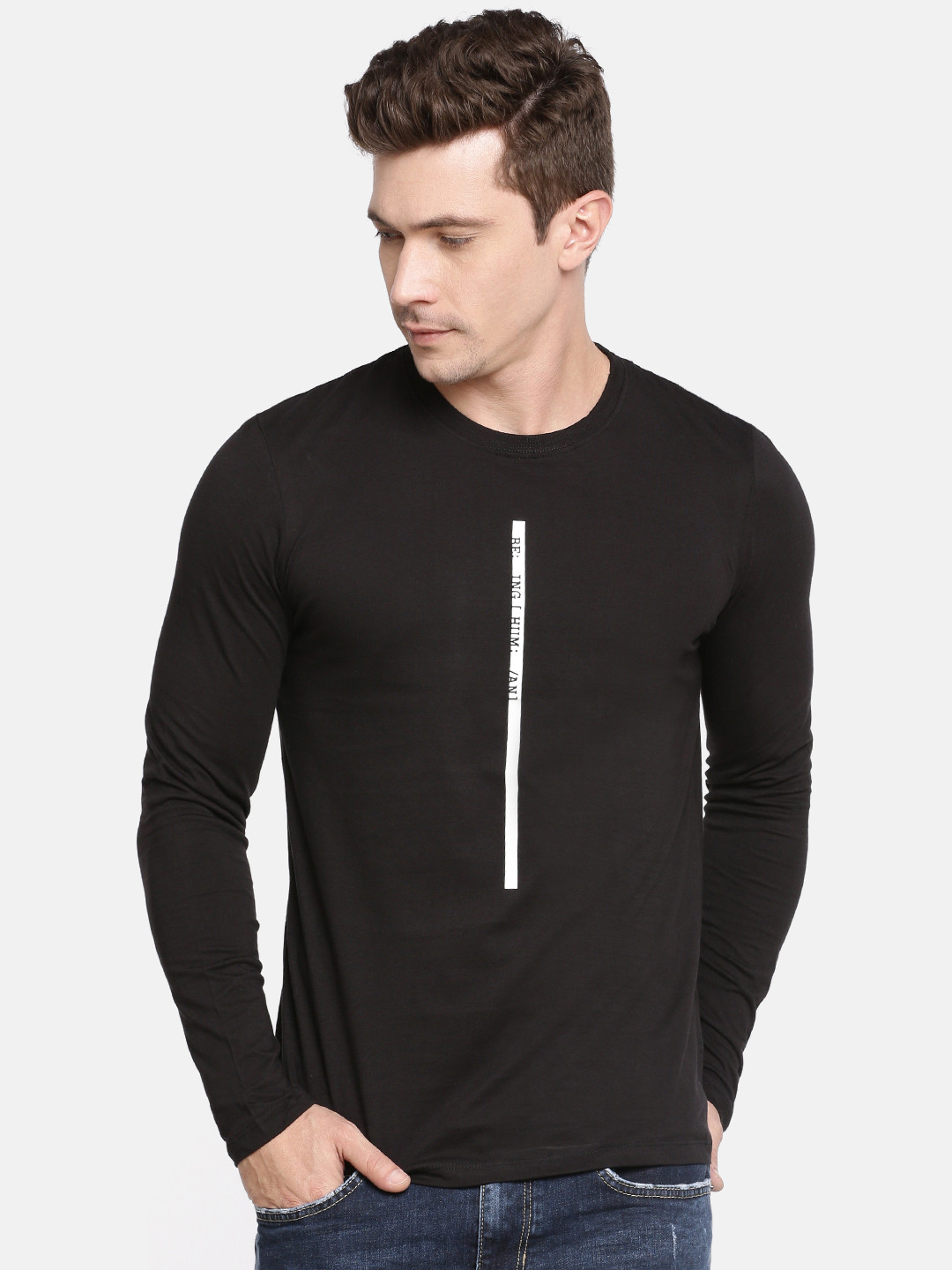 Black Slim Straight Fit Men's Long Sleeves T-Shirt by Being Human Clothing