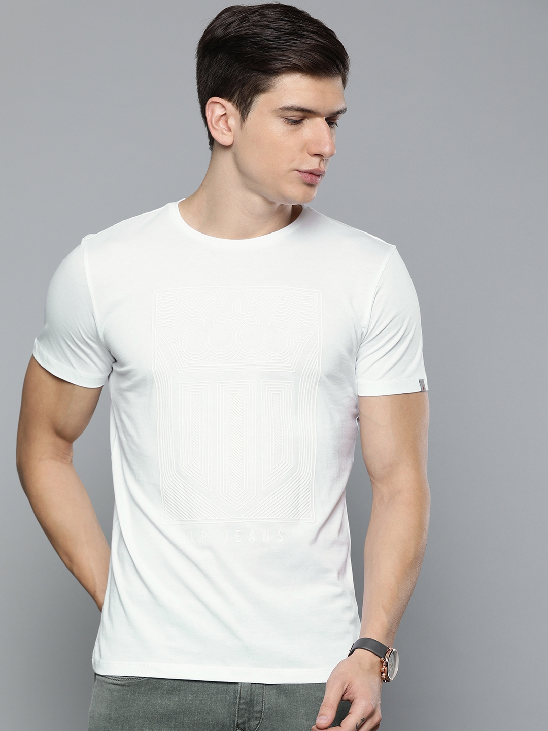 Buy Louis Philippe Jeans Men White Solid Slim Fit Round Neck Pure ...
