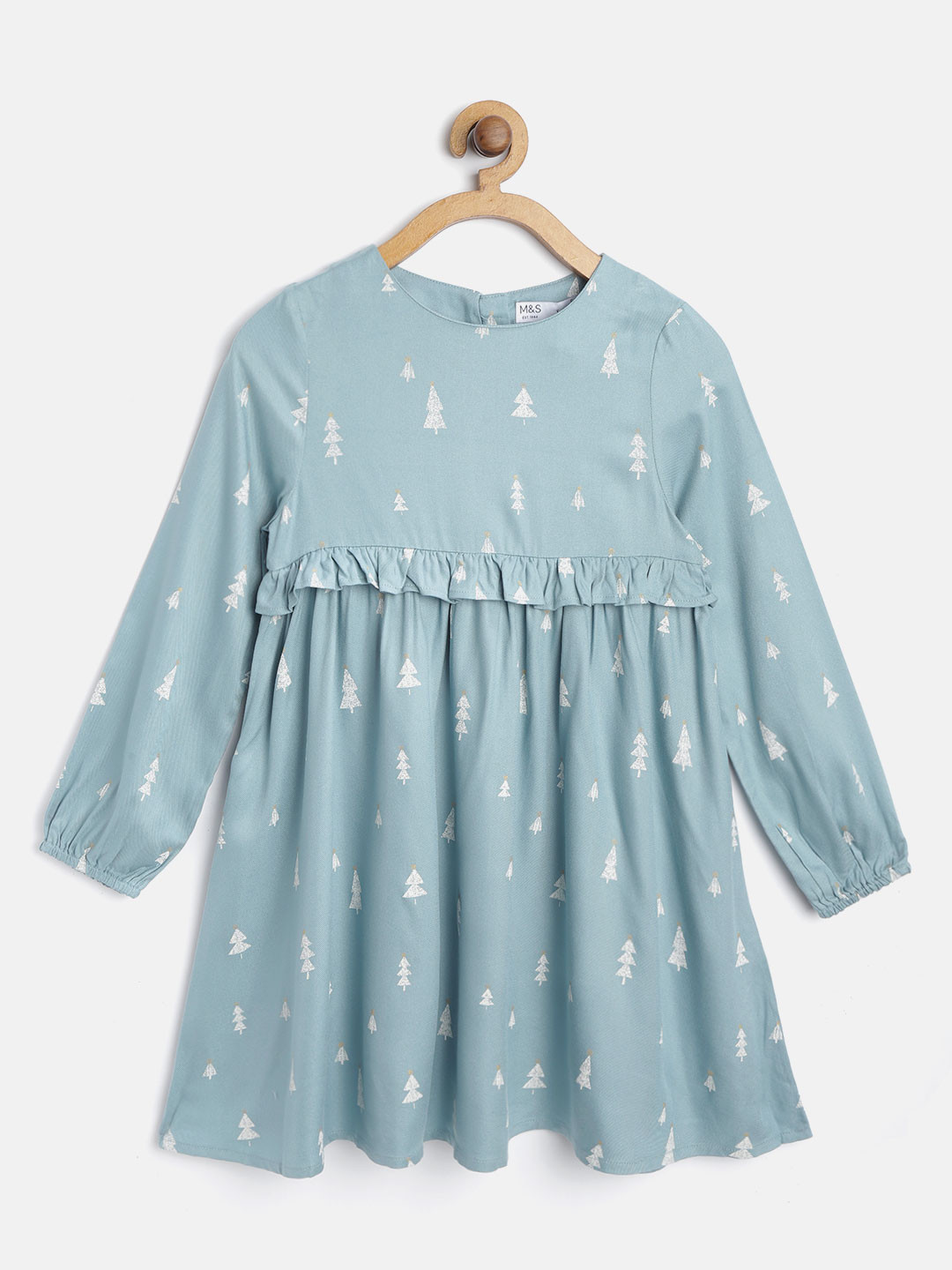 Buy Marks & Spencer Girls Blue Christmas Tree Printed A Line Dress