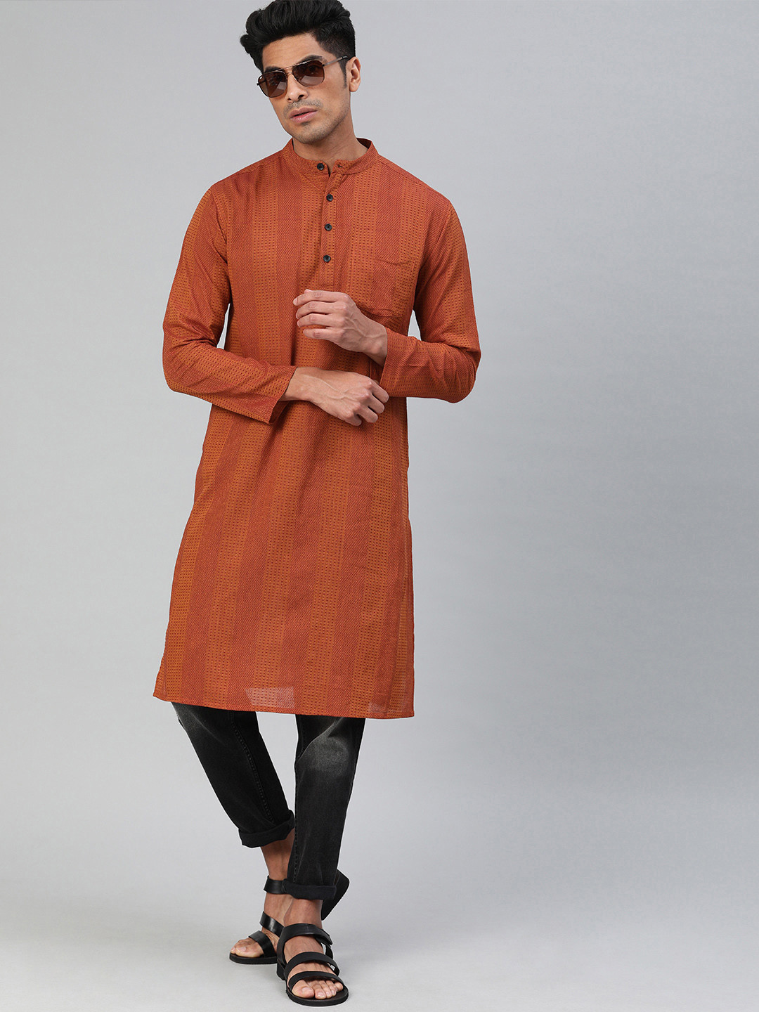 Buy Svanik Men Mustard Brown Woven Design Straight Kurta Kurtas for