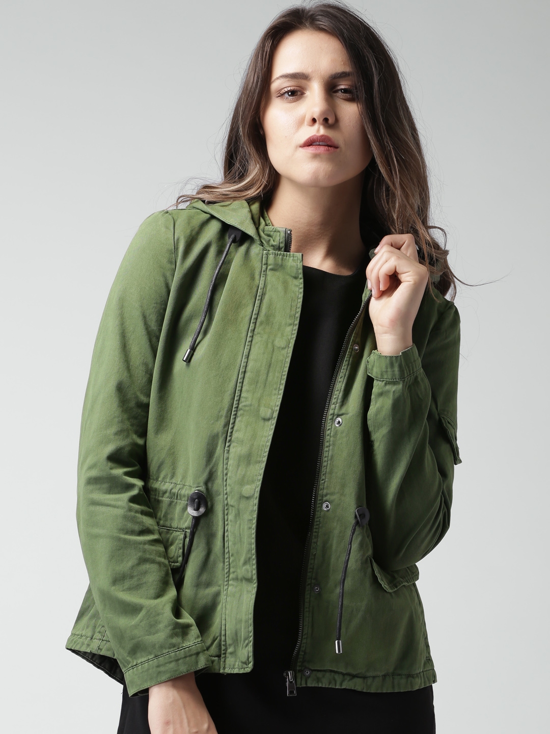 urban olive green denim jacket with zip and hood