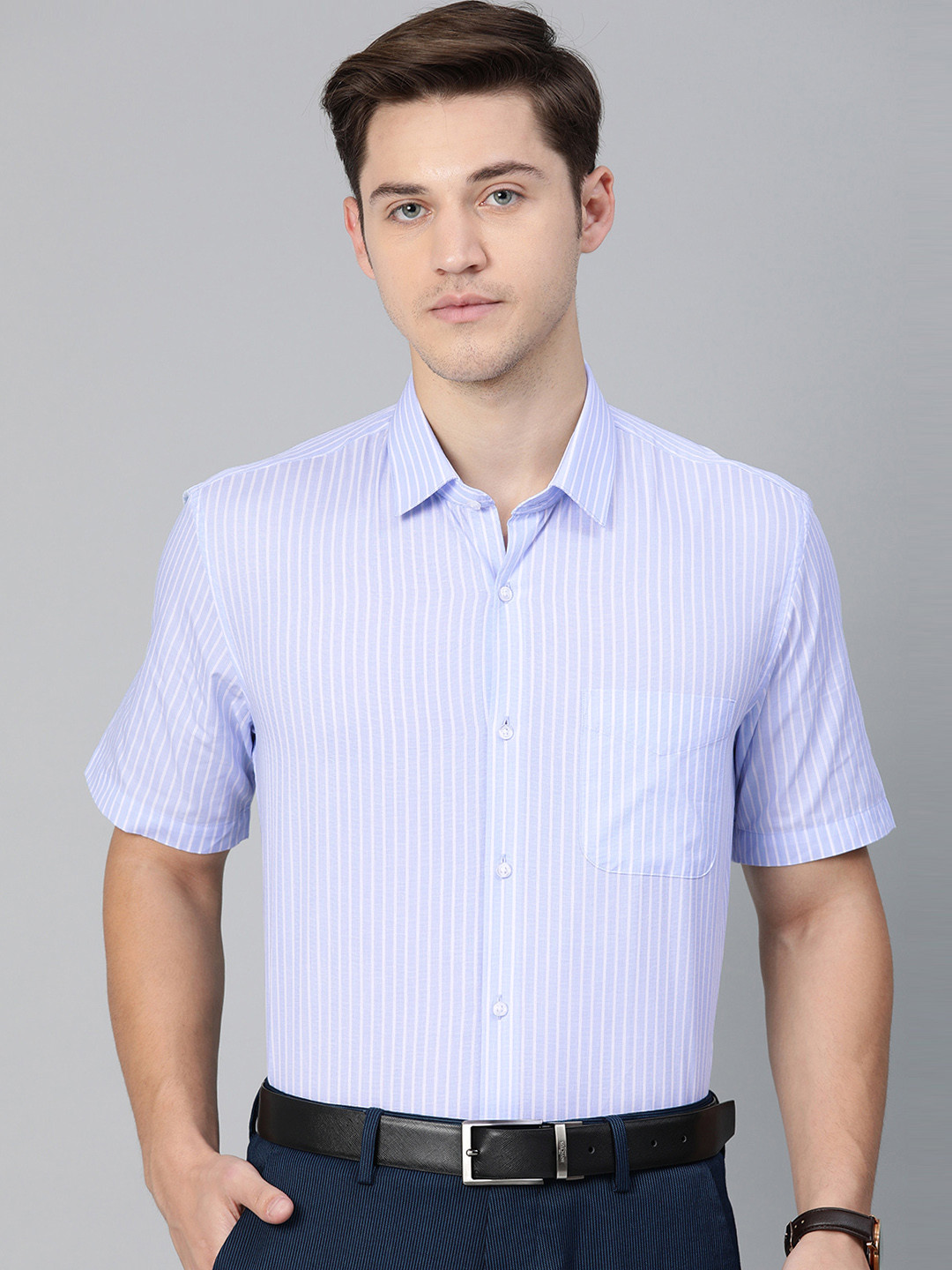 Buy Peter England Men Blue & White Nuvo Fit Striped Formal Shirt