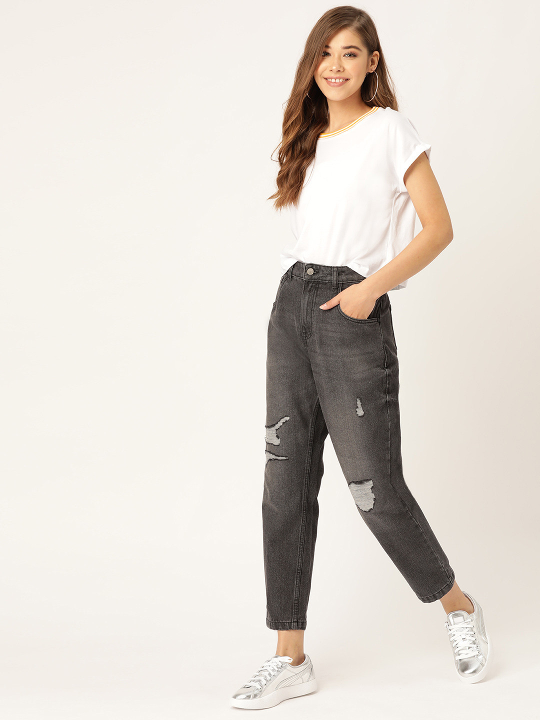 Buy DressBerry Women Charcoal Grey Boyfriend Fit Mid Rise Mildly