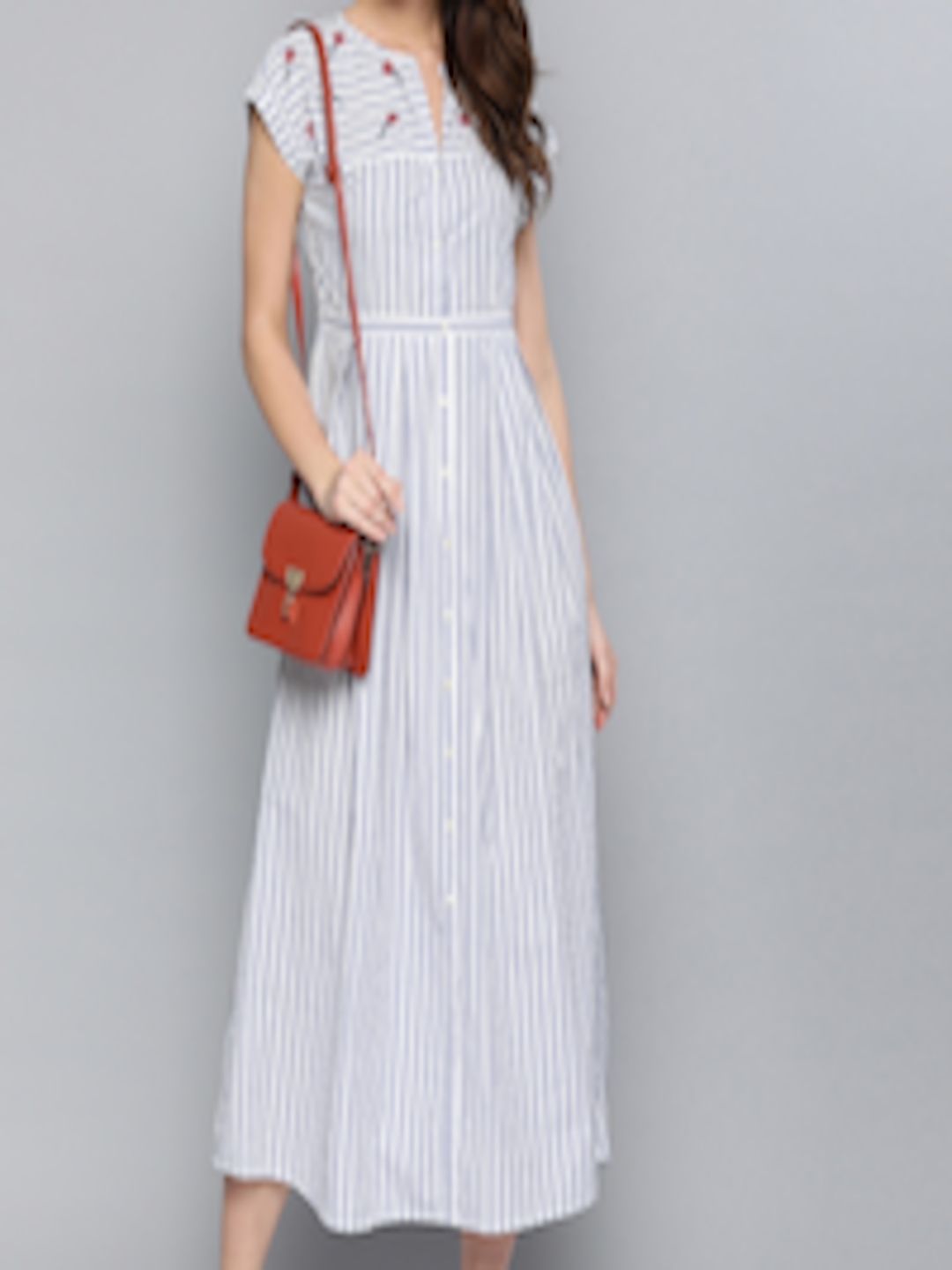Buy HERE&NOW Women White & Blue Striped Fit And Flare Dress With ...