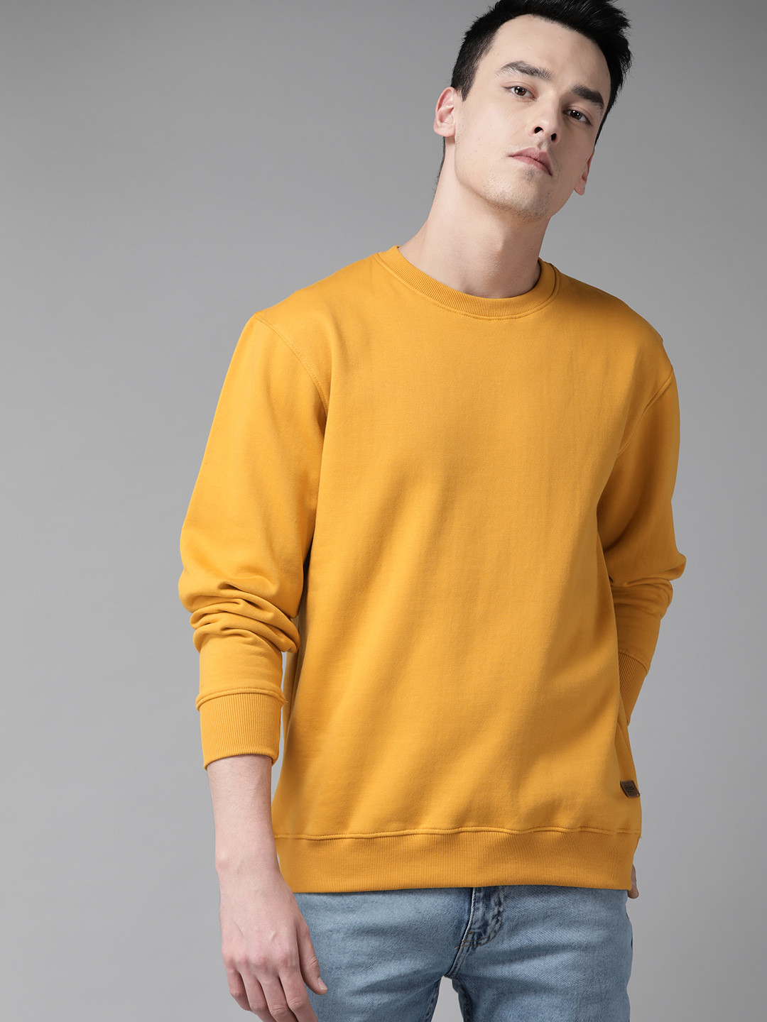 Buy The Roadster Lifestyle Co Men Mustard Yellow Solid Sweatshirt