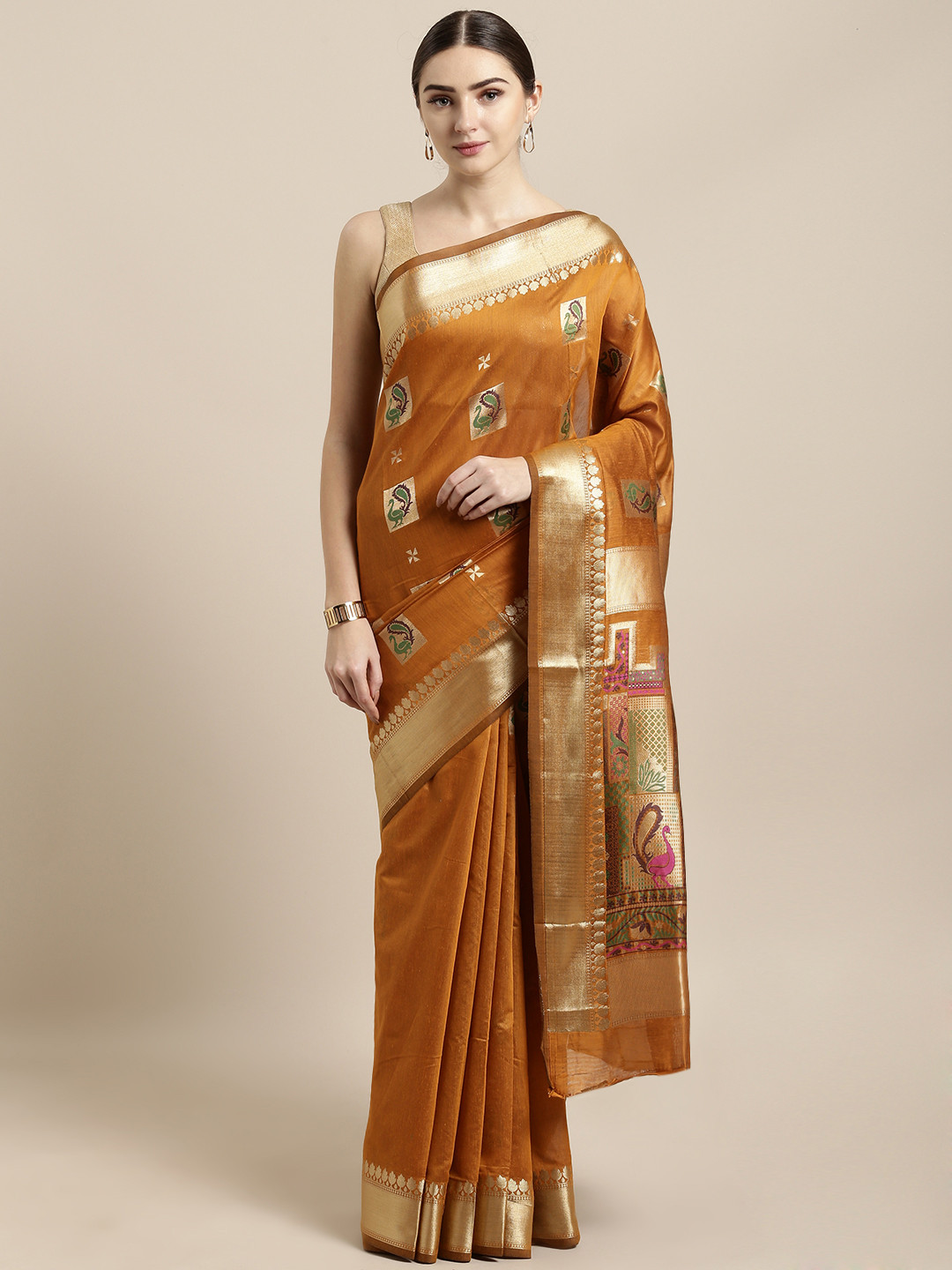 Buy Saree Swarg Mustard Yellow & Golden Cotton Blend Woven Design