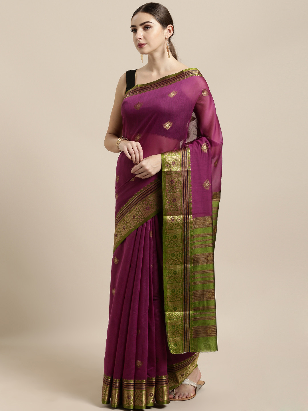 Buy Saree Swarg Purple & Green Cotton Blend Woven Design Chanderi Saree